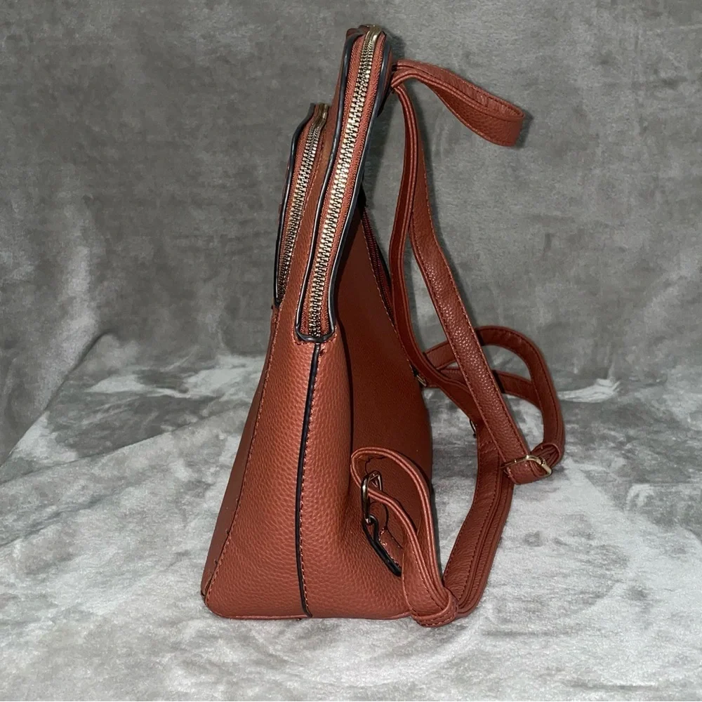 Faux Leather Structured Dome-Top Backpack Cognac Brown Minimalist Style